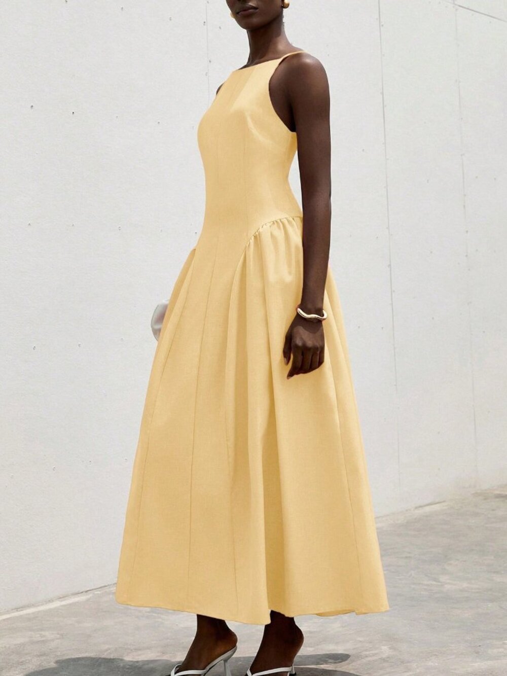 Yellow Casual Women's Shoulder-Baring Sleeveless High-Waisted Party Dress - Picture 3 of 5